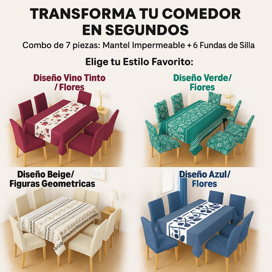 🏡 TRANSFORMA TU COMEDOR EN SEGUNDOS Combo de 7 piezas: Mantel Impermeable + 6 Fundas de Silla